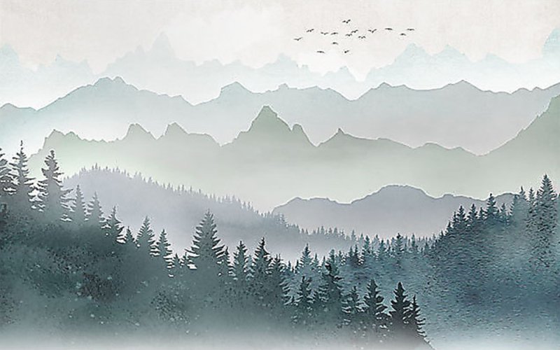 Горы в тумане на стене