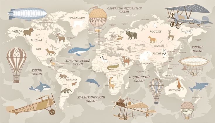 Детские фотообои карта мира с животными