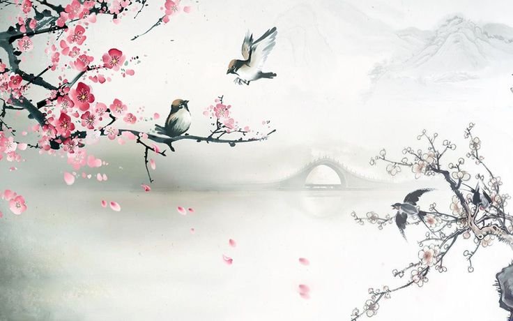 Японская традиционная Суми-э живопись. Гора Фудзи, Сакура