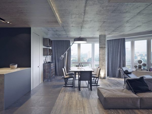 Натяжной потолок под бетон в стиле лофт