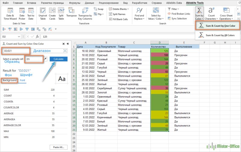 Суммировать ячейки по цвету excel