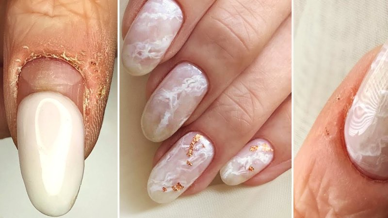 Молочный мраморный маникюр