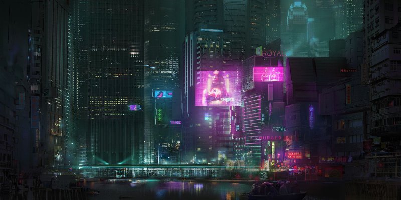 Cyberpunk 2077 арт неон город