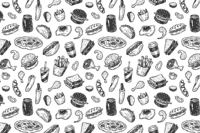 Паттерны с едой черно-белые