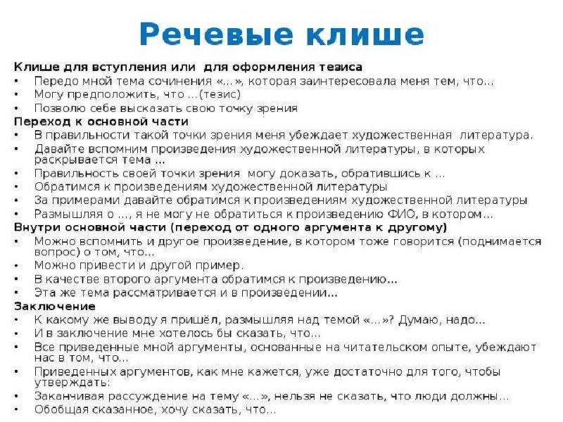 Клише для итогового сочинения по литературе