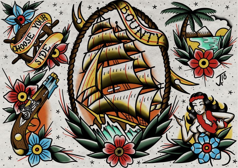 Тату корабль Олд скул