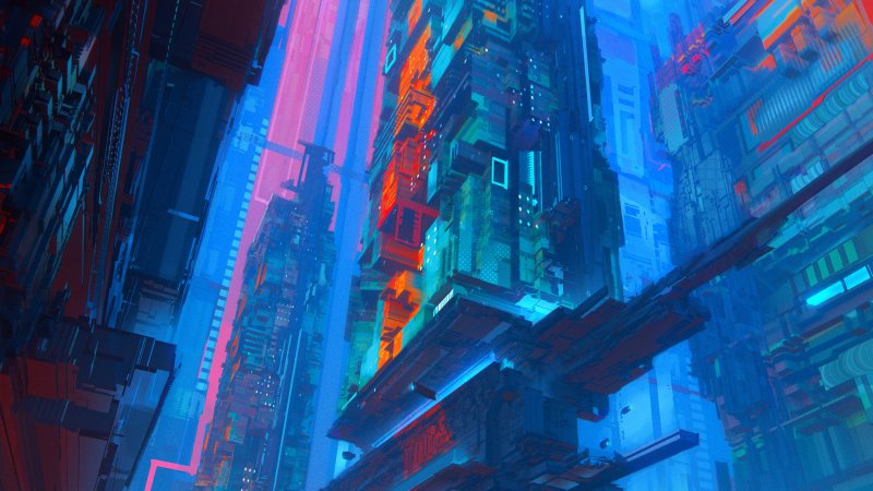 Город киберпанк перспектива снизу